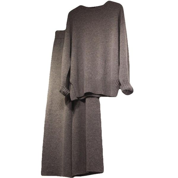 

women's two piece pants winter knitted women sets solid gray casual home wear sweaters and wide leg ankle length lady pant suits qualit, White
