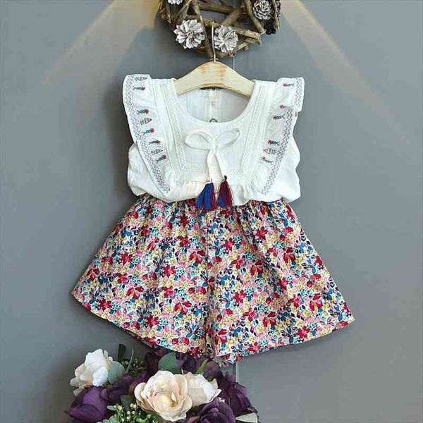 

summer cute little girls clothes fashion korean bow tie tassels embroidery flying sleeve shirt amp flower shorts outfits, White