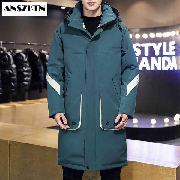 

anszktn new fashion white duck down men's jackets hooded waterproof warm long jacket winter clothing casual coat male, Black