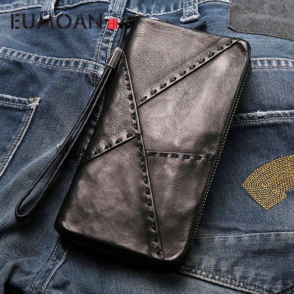 

wallets retro leather men's long zipper wallet sheepskin small handbag casual soft large capacity stitching, Red;black
