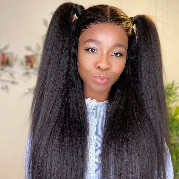 

malaysian human hair kinky straight t part wig natural color coarse yaki lace front wigs for black women pre-plucked, Black;brown