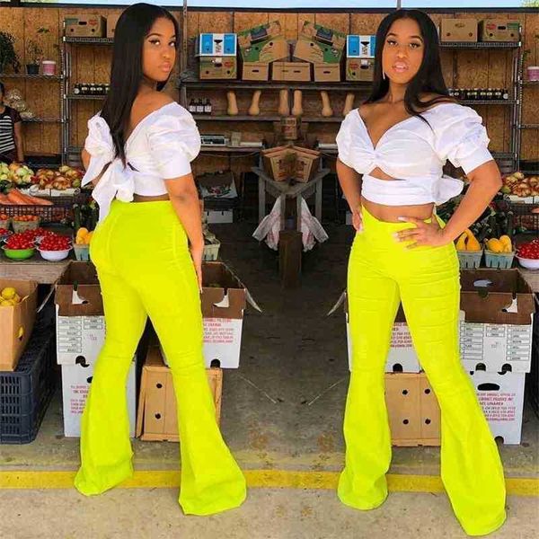 Tuta da donna all'ingrosso Due pezzi coordinati Set bianco chic sexy crop top tunica + pantaloni svasati a vita alta completi club 210525