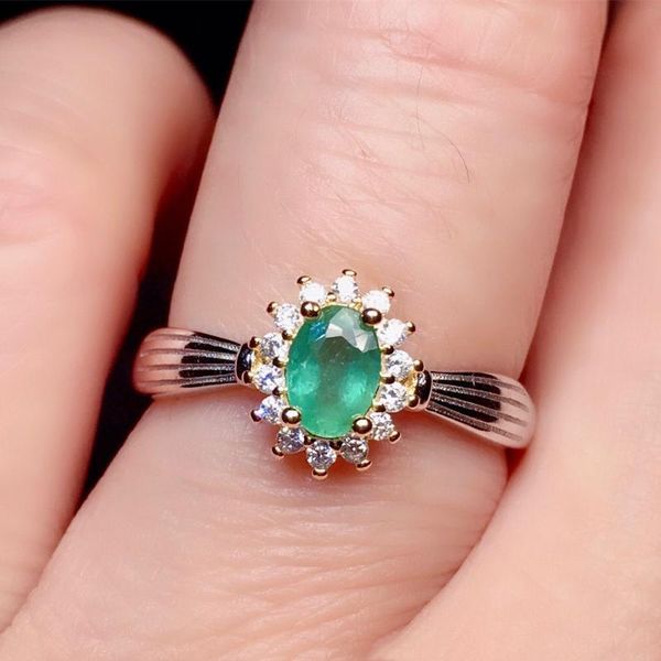 

cluster rings natural colombian emerald ring high clarity full fire color main stone 4*6mm 925 silver inlaid, Golden;silver