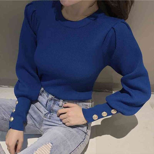 

o-neck lantern sleeve women pullovers korean style blue knitted sweaters woman elegant jumper for ladies, White;black