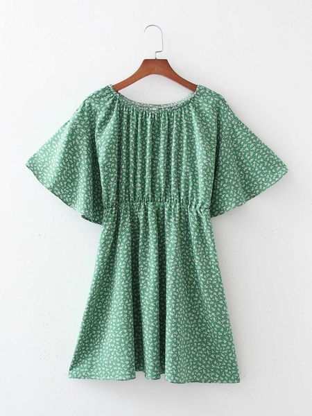 

hsa summer dress oneck high waist pleated vestidos batwing sleeve green beach style floral pleated dress summer boho 210716, Black;gray