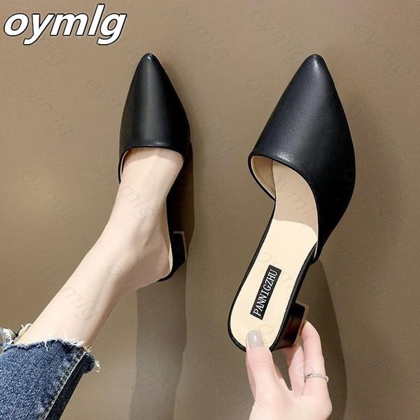 

2021 summer sandals pumps high heels mules slippers thick green ladies shoes pointed toe zapatillas mujer casa flip flop, Black