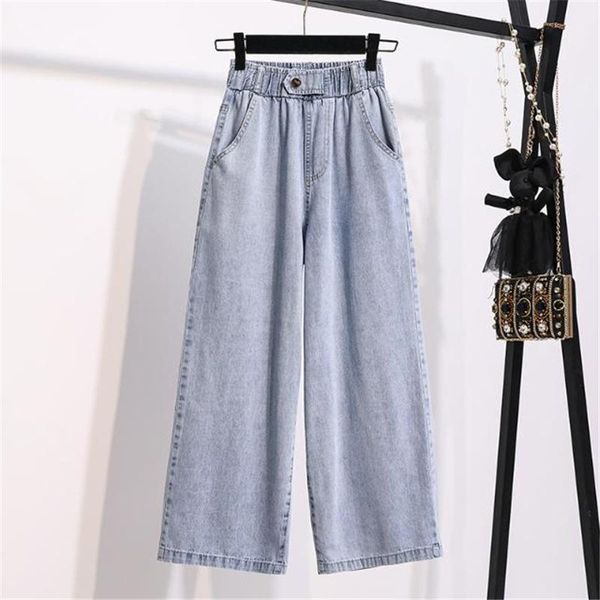 

women's jeans cocoepps 4xl 5xl summer plus size high waist wide leg jean elastic casual big nine women large loose, Blue
