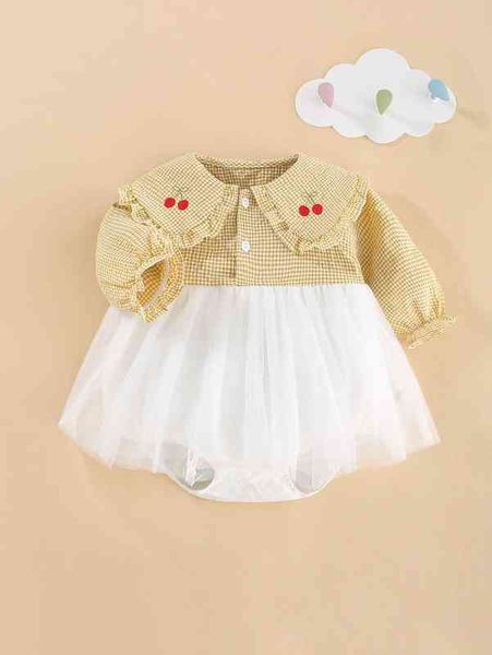

peninsula baby cherry embroidery gingham contrast mesh bodysuit she, Blue