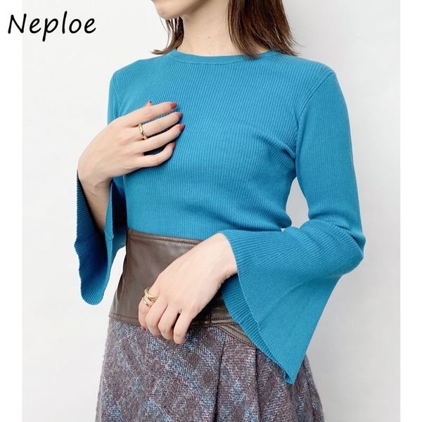 

autumn japan style pullovers elegant all-match slim fit flare sleeve candy color knitted sweaters women 210430, White;black