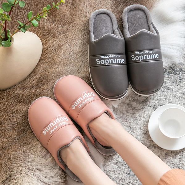 

women waterproof cotton slippers men shoes winter home warm thick bottomed couple anti slip shallow mouth color matching plush, Black