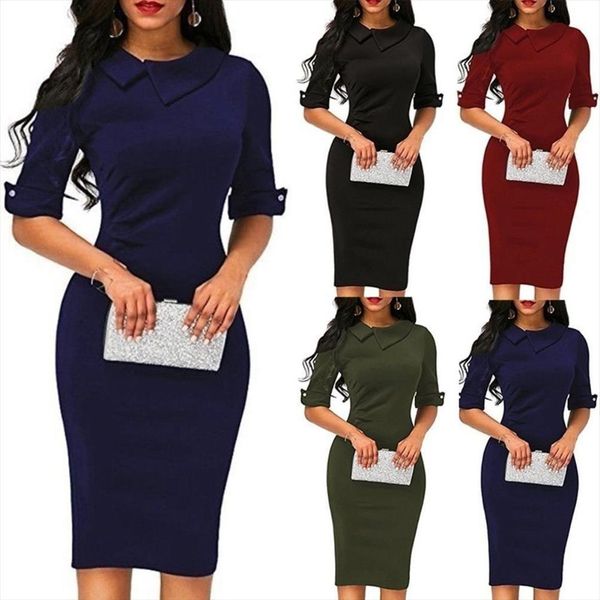 

summer solid color midi womens dress turn down collar half sleeve bodycon dresses verano mujer, Black;gray