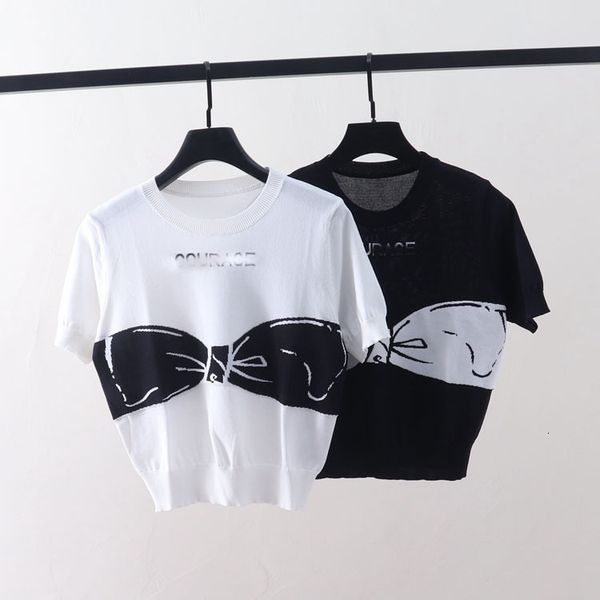 

t shirt bow jacquard crew neck short 2021 summer pullover sleeve ice silk, White