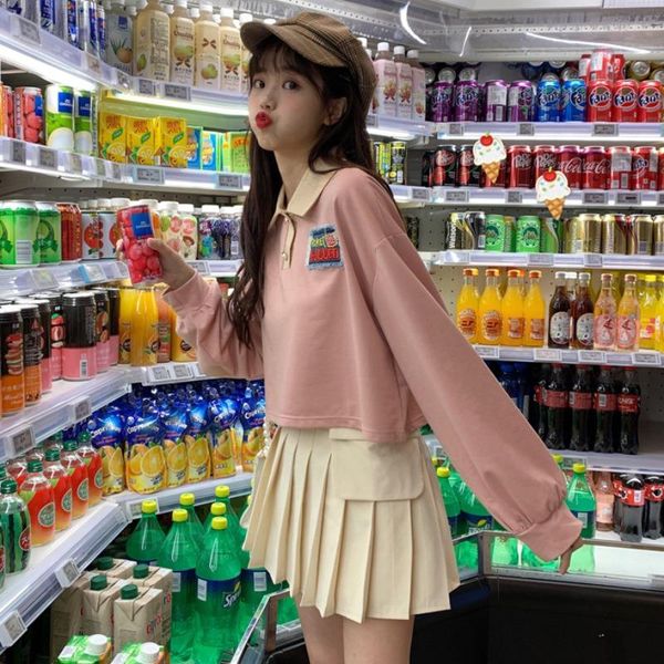 

women's t-shirt korean preppy style causal turn-down collar t-shirts loose long sleeve ladies spring autumn clothing tee, White