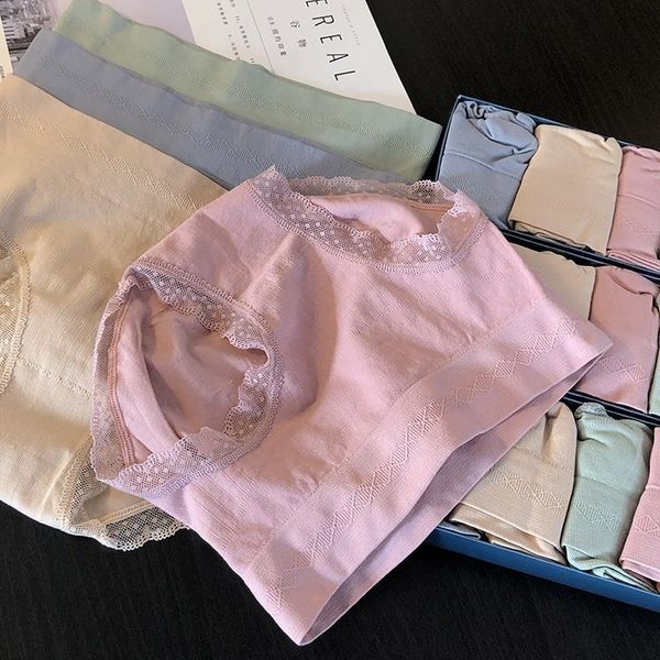 

lace ee solid color cotton crotch girl seamless middle waist comfortable and breathable breech raising underwear briefs, Black;pink