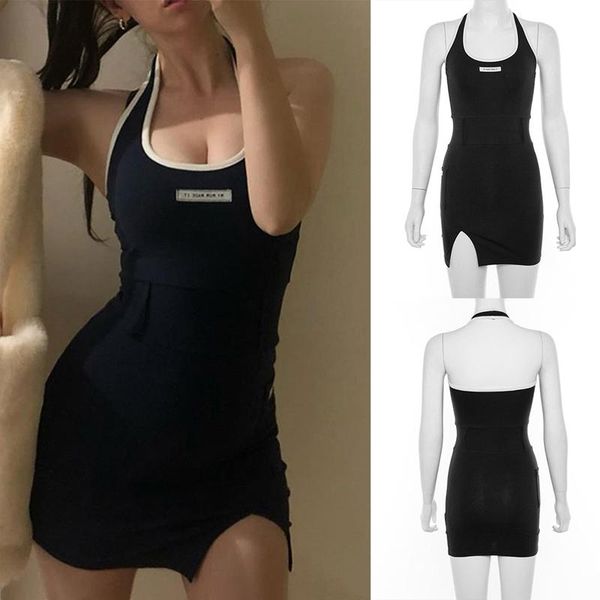 

casual dresses women's halter u-neck mid-waist split dress black, Black;gray