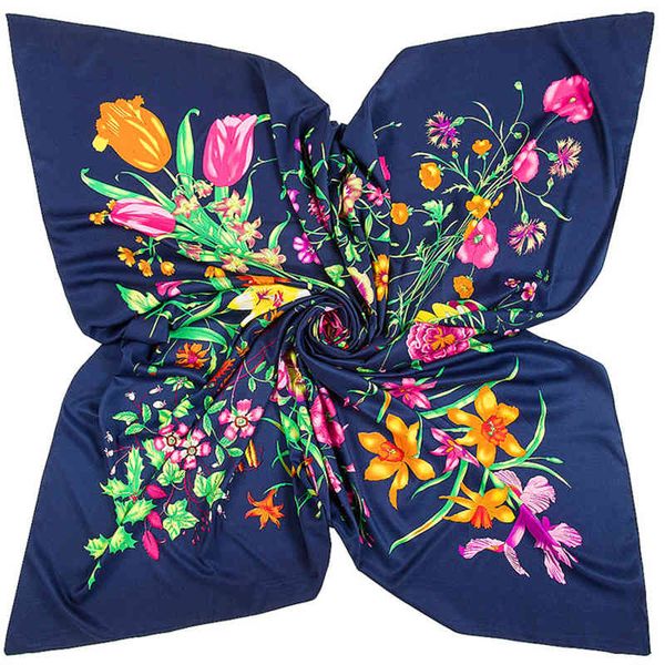 

130*130cm twill silk floral square hijab scarf bandana shawls luxury brand foulard scarves wraps for women echarpe, Blue;gray