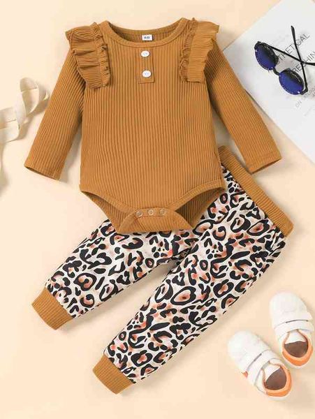 

baby ruffle trim bodysuit & leopard print pants she, White