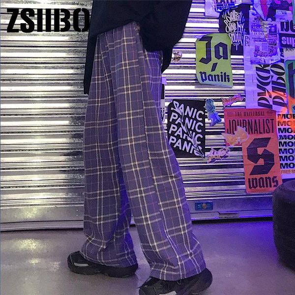

fashion vintage plaid patchwork harajuku woman man trousers elastics high waist pants korean straight jogger clothes clothing women's &, Black;white