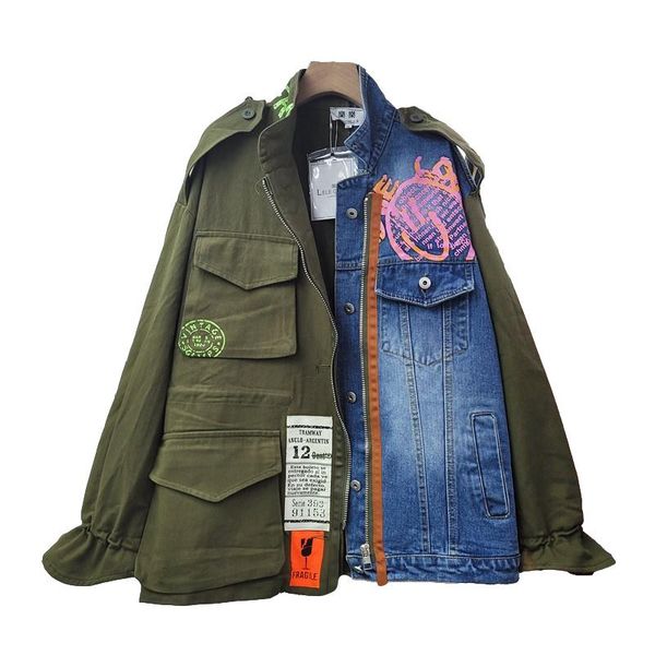 

women's jackets autumn mid long lapel sleeve loose vintage denim patchwork hit color women oversized jeans coat streetwear female, Black;brown