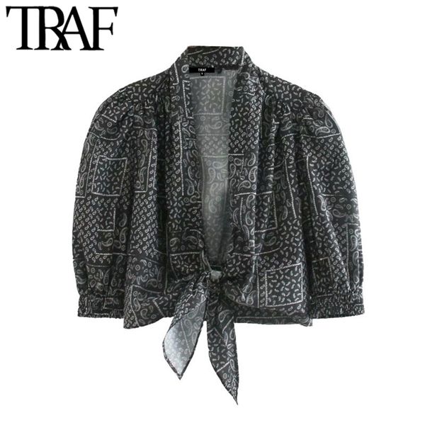 

women fashion with bow tied paisley print cropped blouses vintage three quarter sleeve female shirts chic 210507, White