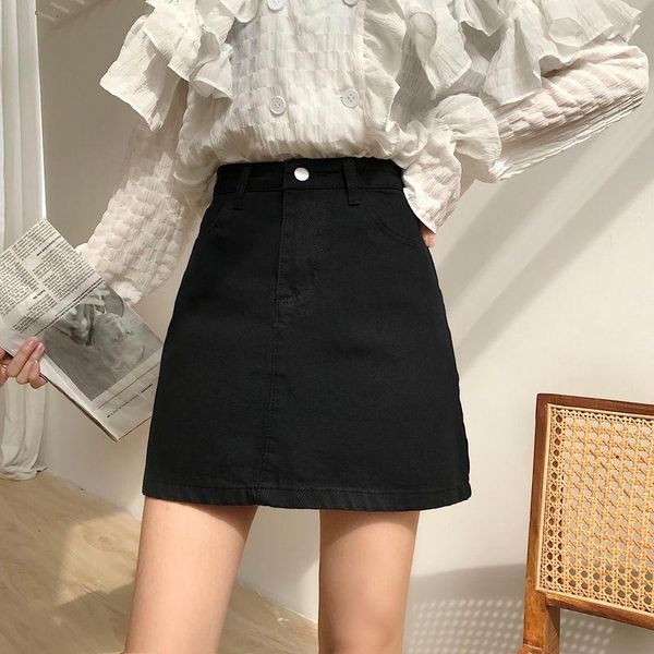

summer korean high waist slim jeans short skirt women casual pocket black denim mini wrap skirts ladies school streetwear