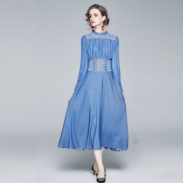 

french first love long skirt 2021 autumn tencel denim dress high waist sleeve blue super fairy a-shaped female, Black;gray