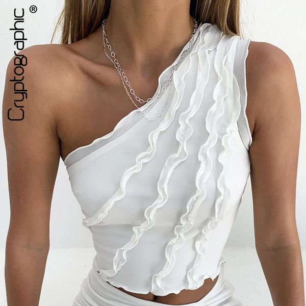 

cryptographic fashion ruffles summer crop for women sleeveless one shoulder tank cropped club party clothes, Black;white