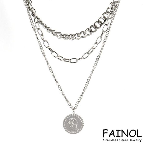 

chains multilayer necklace stainless steel chain necklaces for women coin pendant charm jewelry, Silver