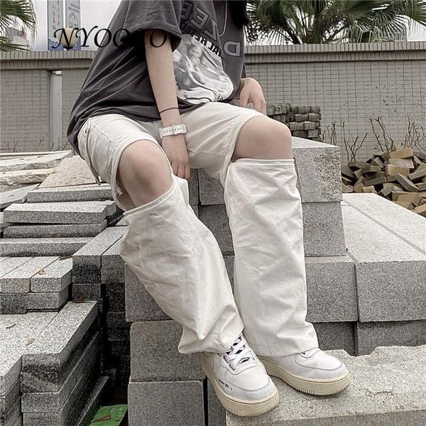 

casual streetwear big pockets zipper detachable elastic waist straight pants women vintage ankle length white trousers women's & capris, Black;white