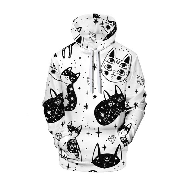 

men's halloween cat creative printing 3d digital pullover drawstring hooded sweater, Black