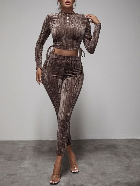 

sxy mock neck drawstring side ruched crop & pants r2n7#, White