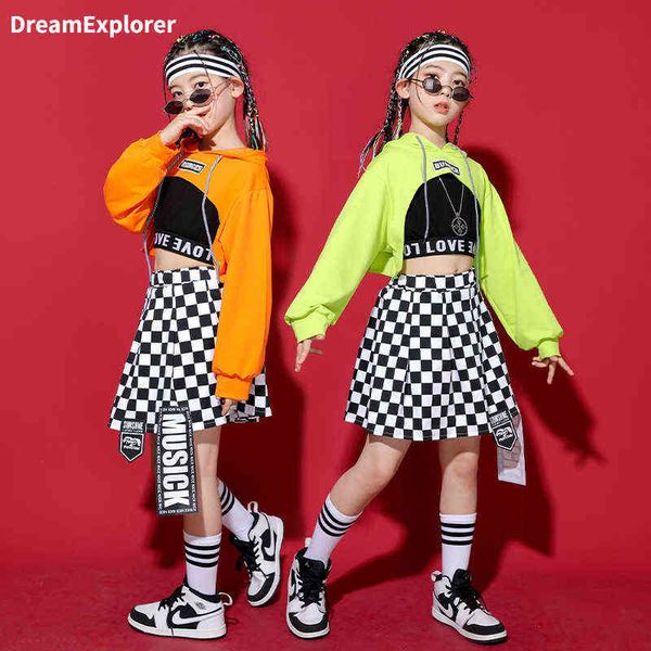 Mädchen Hip Hop Hoodies Jazz Plaid Rock Kinder Street Dance Orange Crop Top Kleidung Sets Kinder Sport Outfit Teen Bühne kostüme Y220310