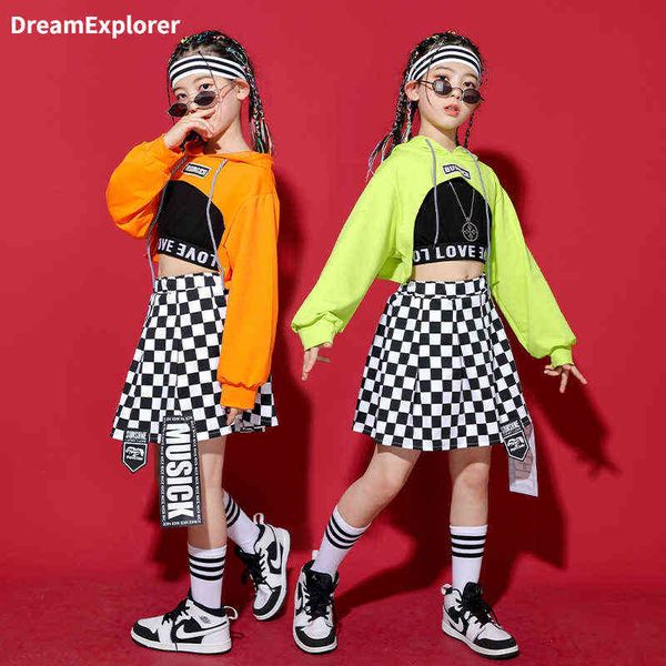 

girls hip hop hoodies jazz plaid skirt kids street dance orange crop clothing sets children sport outfit teen stage costumes y220310, White