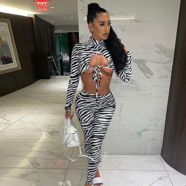 

women's two piece pants 2021 zebra pattern matching set women fashion print bandage hollow out short + trousers female autumn track, White