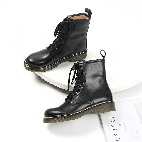 

boots mordoan genuine cow leather thick bottom 2021 fall british style ladies round toe mid heel, Black
