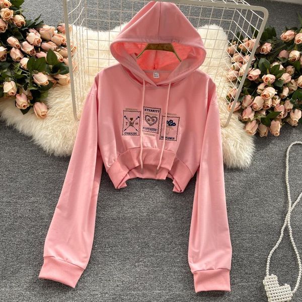 

women's blouses & shirts 2021 early autumn shirt korean college style embroidered crop with hooded collar waist female slim e078, White