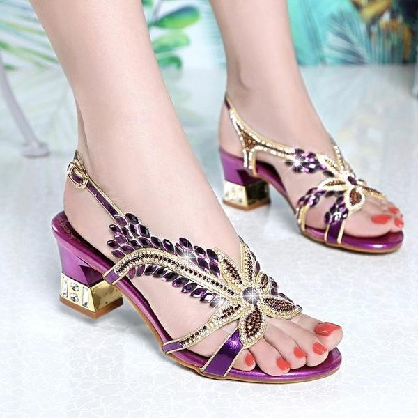 

high heels shoes women hoof peep-toe semi-high rhinestone genuine leather versatile ladies sandals, Black