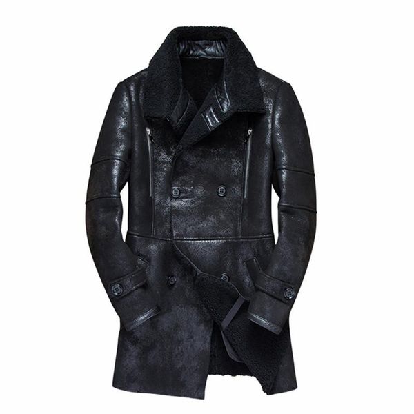

men's leather & faux 2021 real fur coat men sheep shearing warm winter plus size wool jacket for mens clothing veste homme 7121-1 yy746, Black