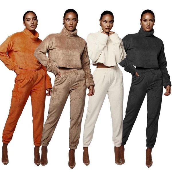 

autumn winter women tracksuit turtleneck solid crop long pants casual velvet two piece set sweatsuit outfits s-2xl dress, White