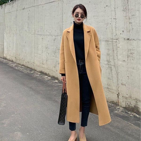 

women's wool & blends wqjgr 100% long coat women turn-down collar sashes cashmere windbreaker, Black