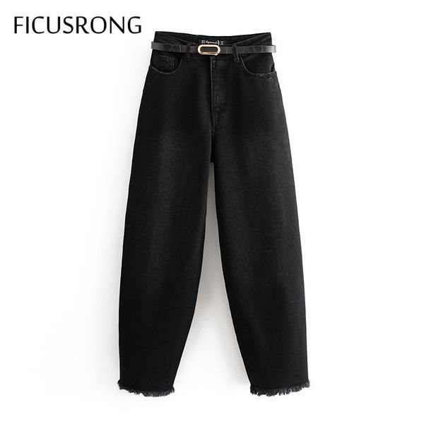 

autumn women black belt denim pants female streetwear loose zipper coated cotton high waist harem jeans women's, Blue