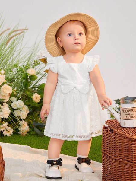 

baby ruffle trim bow front lace dress she, Red;yellow