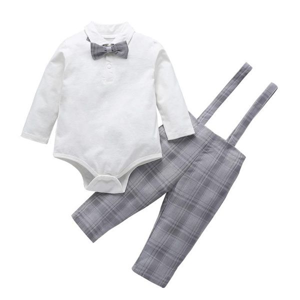 

clothing sets 0-24m spring autumn boutique gentleman suit baby boy long-sleeved triangle romper shirt+strap trousers two-piece, White