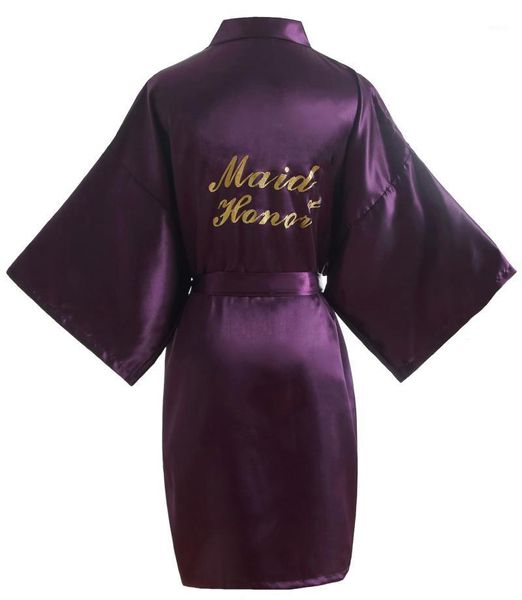 Женские сонные женские женские фиолетовые горничные честь халат атлас кимоно свадьба свадьба готовит халат с золотым блеском
