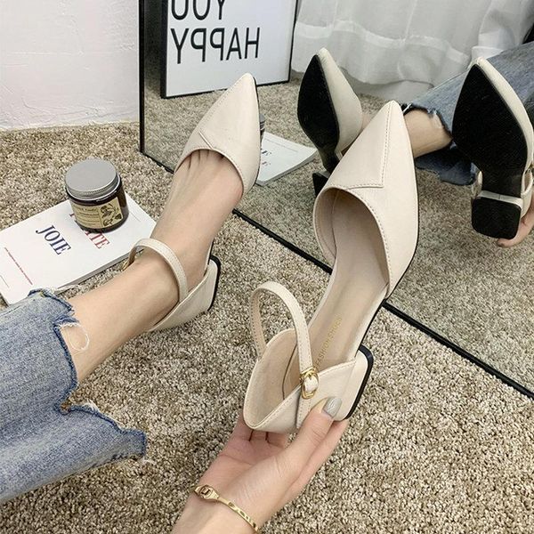 

beige heeled sandals female shoe 2021 summer med buckle strap all-match black girls fashion closed medium comfort clear