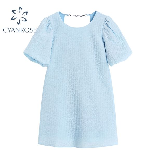 

women blue streetwear blackless chain dress vintage puff short sleeve o neck mini dresses summer designer party frcoks 210430, Black;gray