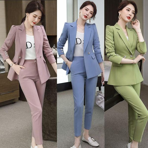 

women blazer suit office set 2 piece blue pink business career work wear ladies jacket and pencil pant women's two pants, White
