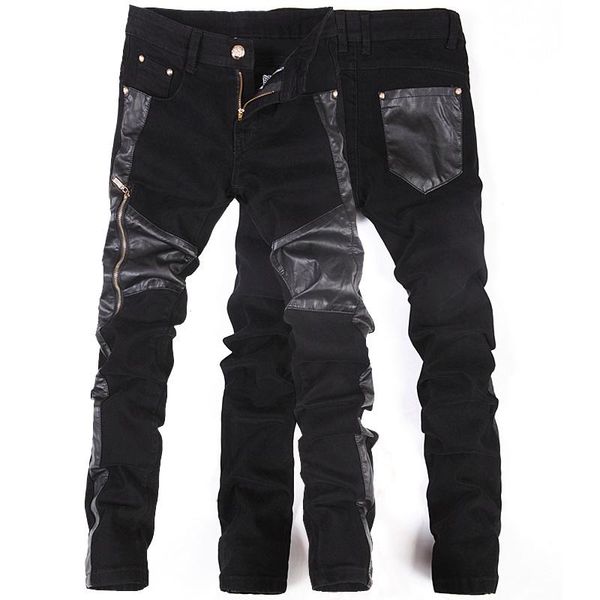 

men's pants men leather korean slim patchwork casual personalized zipper skinny motorcycle pu trousers pant, Black