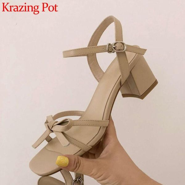 

krazing pot classic summer women sandals full grain leather peep toe high heels butterfly-knot buckle strap shoes l57, Black