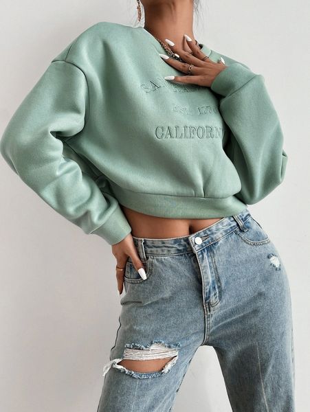 

letter embroidery drop shoulder crop sweatshirt r7cb#, White;black
